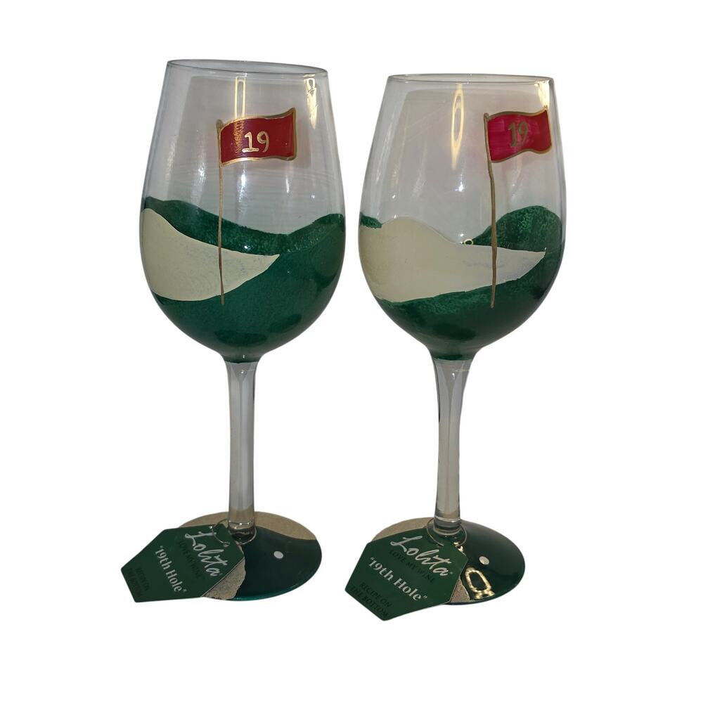 Lolita Love My Wine 19th Hole Golf Hand Painted Glasses Set of 2 NWT Vintage